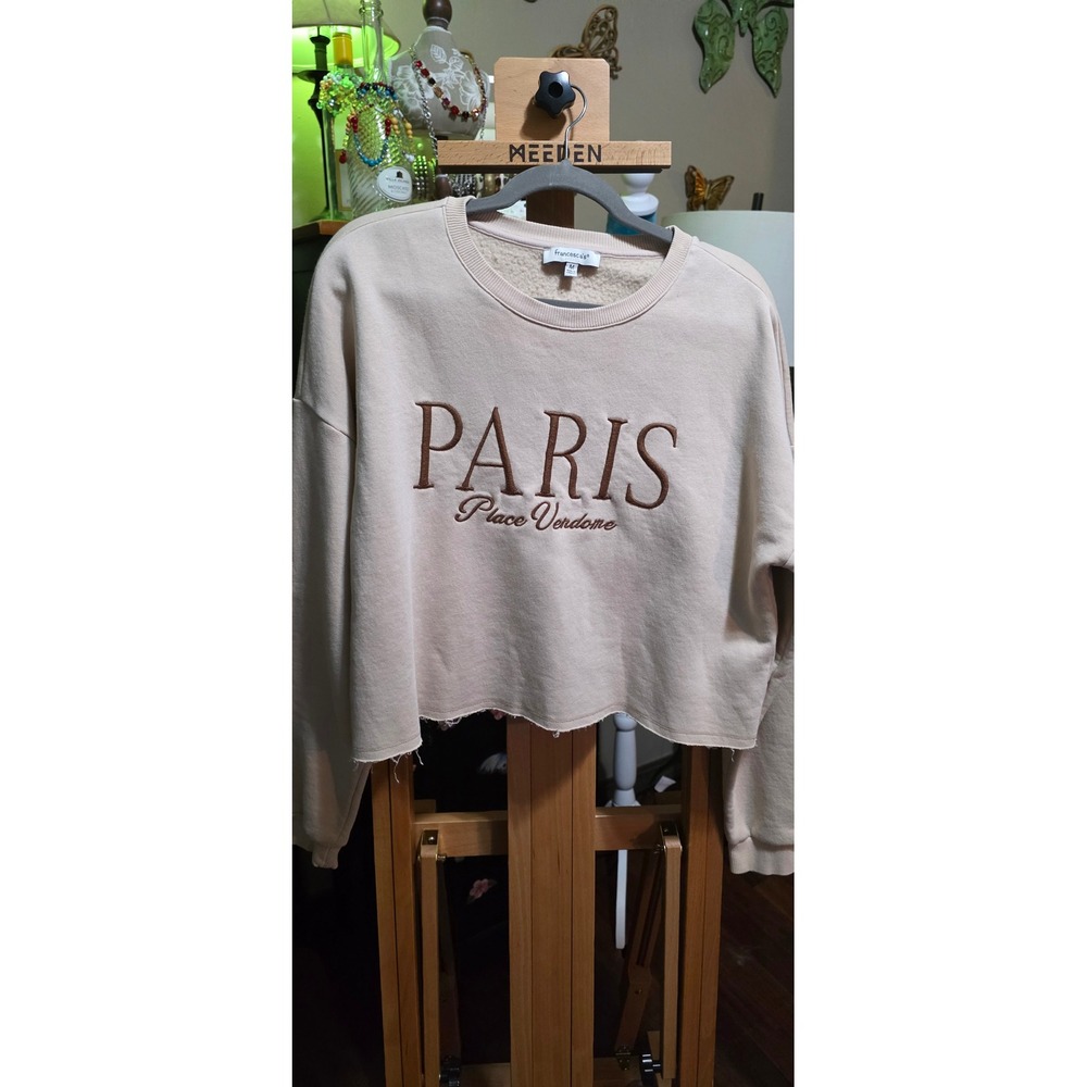 Francesca's Paris Place Vendome Cropped Sweatshirt Cream Brown Embroidered M